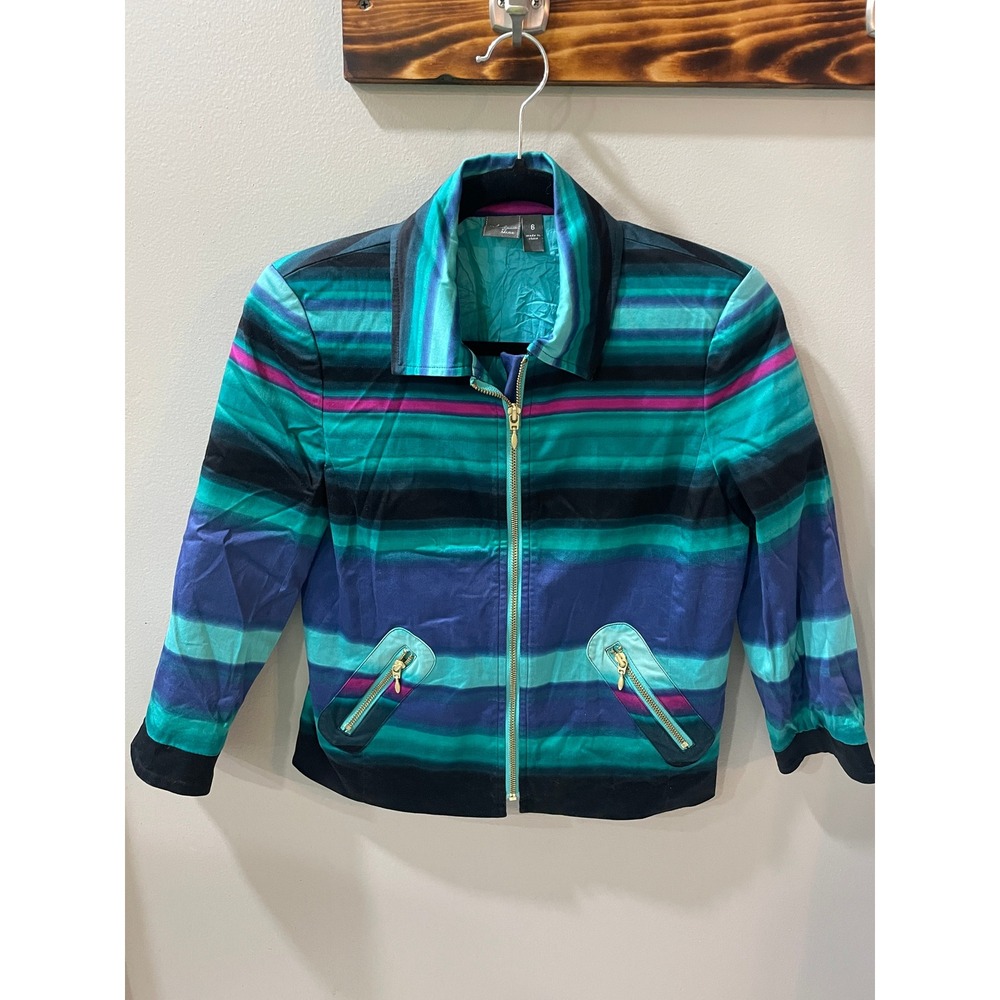 Anthracite by Muse Womens Teal Blue Striped Zip Front Jacket Size 6 Cotton Blend